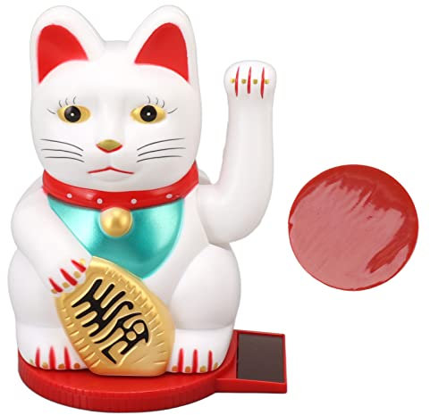Cyrank Lucky Fortune Cat, Lucky Cat Winkearm Lucky Cat Decor Lucky Feng Shui Cat Solarbetriebene Süße Winkekatze Mit Doppelseitigem Aufkleber(Weiß)