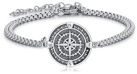 Kompass Armband 925 Sterling Silber Einstellbare Kompass Armband Inspirierend Kompass Schmuck für Männer Frauen Vintage Schmuck für Graduierung Talisman, mit Edelstahlkette