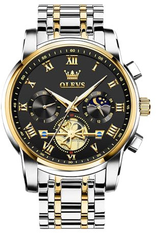 OLEVS Bicolor Uhr Herren Edelstahl Schwarz Großes Zifferblatt Herrenuhren Silber Gold Metallarmband Quarz Analog Armbanduhr Herren Mondphase Leuchtend Modern Wasserdicht Herrenarmbanduhr Chronograph