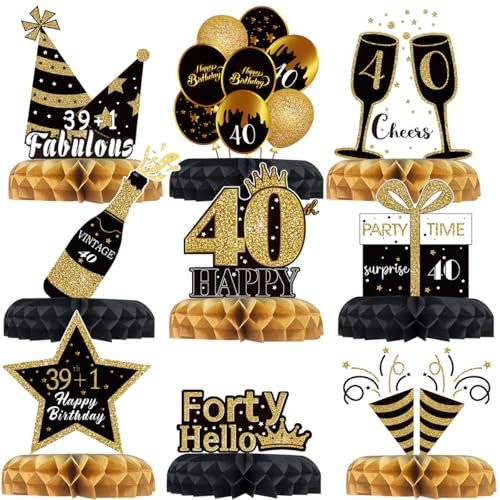 9Pcs 40. Geburtstag Dekorationen, 40. Geburtstag Tischdekorationen, Schwarz Gold Honeycomb Tischdekorationen Tafelaufsatz, 50. Geburtstag Tischaufsätze für Geburtstag Party Favor Foto Booth Requisiten