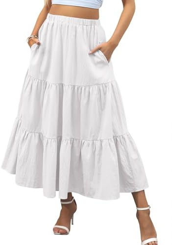Zeagoo Rock Damen Lang Hohe Taille Skirt Sommerrock Midi A-Linie Faltenrock Rock Freizeit Einfarbig Maxiröcke Weiß XXL