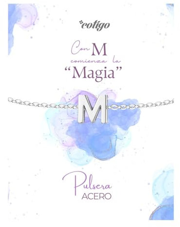 Cotigo-Pulsera Inicial Acero Inoxidable - Pulsera Mujer con Letra - Pulsera Letra de Inicial de Nombre - Regalo para Madre, Hija, Amiga, Novia, cumpleaños, san valentin (Letra M-Plateado)