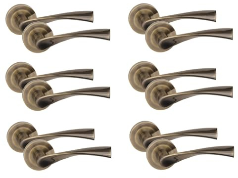 Golden Grace Astrid Design Door Handles, 6 Pairs Antique Brass Finish | Solid metal rose base offers a comfortable grip on interior doors, updating contemporary rooms with a clean finish.