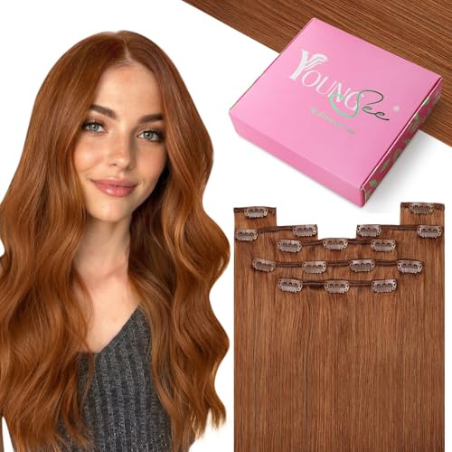YoungSee Clip in Human Hair Extensions Copper 18inch Clip in Extensions Real Human Hair Copper 120g Human Clip in Hair Extensions Ginger for Wedding Silky Straight 7Pcs