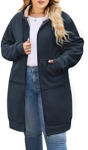 CMTOP Lange Hoodie Damen mit Reißverschluss Oversize Kapuzen Fleecejacke Warme Casual Kapuzenjacke mit Taschen Herbst Winter Langarm Strickjacke Einfarbig Elegant Sweatjacke(Marineblau, 3XL)