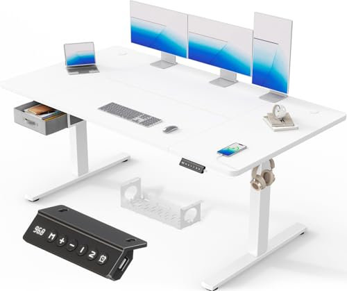 Devoko Scrivania Regolabile in Altezza 160x80 cm, Tasca Laterale, Funzione Memoria, Sistema Cablature, Scrivania per PC, Ideale per Ufficio, Giochi, Studio e Camera da Letto (Bianco, 160x80 cm)