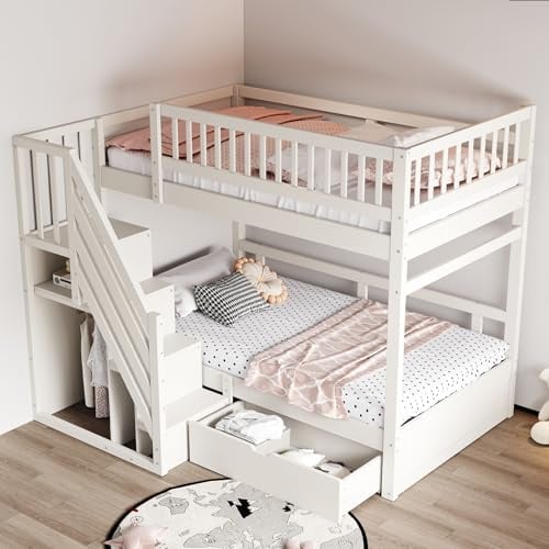 Kinderbett Etagenbett 90x200, Hochbett für 2 Kinder, Stockbett mit Treppe&Aufbewahrungsschrank&Schublade, Holzbett Jugenbett Funktionsbett mit Lattenrost&Rausfallschutz, Kiefernholz,Ohne Matratze,Weiß
