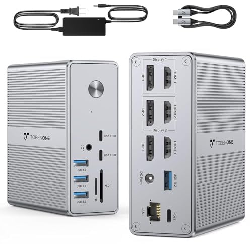 TobenONE DisplayLink-Dockingstation für DREI 4K-Monitore mit 120W Ladegerät | Aluminium Dockingstation mit 3 HDMI, 3 DP, 6 USB, SD/Micro SD, RJ45, für MacBook Pro/Air/Neo, Thunderbolt 4/3, USB-C Windows