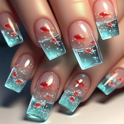 Stampa sulle unghie Pesce Unghie finte Colle acrilico artificiale 24 Attacca per design per ragazze da donna Falso