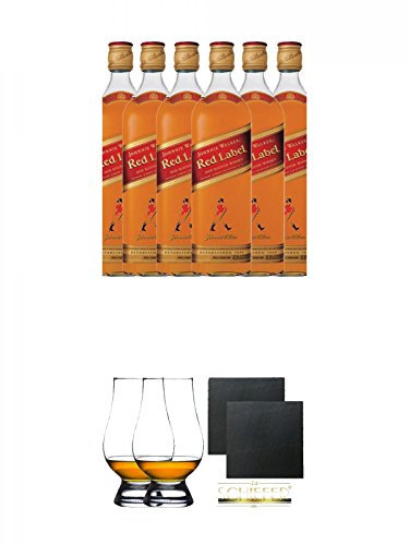 Johnnie Walker Red Label 6 x 0,70 Liter + The Glencairn Glass Whisky Glas Stölzle 2 Stück + Schiefer Glasuntersetzer eckig ca. 9,5 cm Ø 2 Stück
