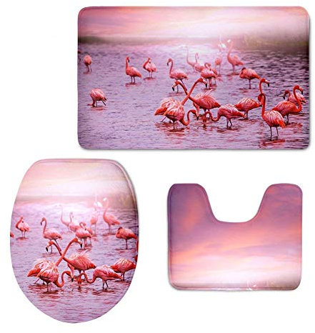 RedBeans Badteppich-Set, 3-teilig, weich, saugfähig, Flamingo, Badematte, Kontur- und WC-Deckelbezug
