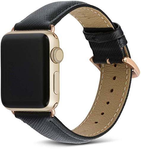 dbramante1928 Echtleder-Uhrenarmband für Apple Watch (38/40mm) - [Modell: Madrid, Saffianoleder, Handgefertigt, Farbe: night schwarz/gold] - AW38NBGO5141