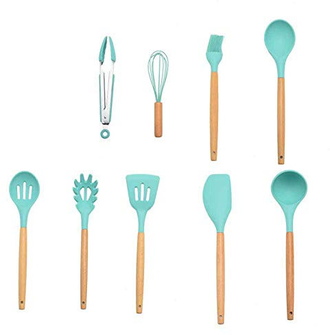 GEEKCOOK Küchenutensilien-Sets,Silikon Kochwerkzeuge Set Spatel Schaufellöffel mit Holzgriff Praktische Küche Kochen Utensilsx Küchengeschirr Gadget-blau-9pcs