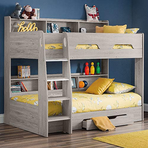 Happy Beds Wooden Bunk Bed with Underbed Storage Drawer, Orion Grey Oak and White Wood Modern Twin Sleeper - 3ft Single (90 x 190 cm) with 2 x Pocket Sprung Mattresses Included