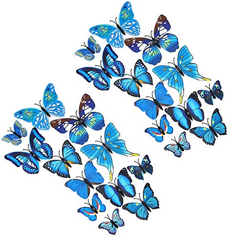 Shiwaki 24pcs 3D simulation three-dimensional butterfly magnet wall sticker decoration refrigerator sticker home decoration(Blue)