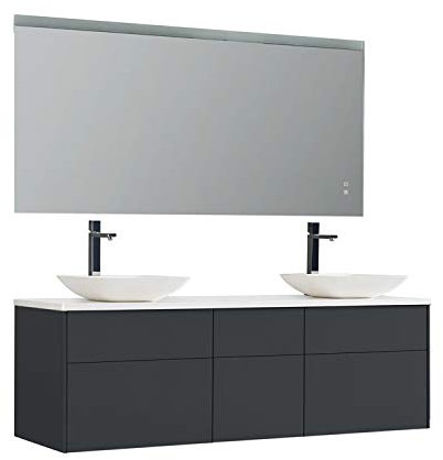 StoneArt Badmöbel-Set Mineralguss Waschtisch Waschbecken Waschschale Aufsatzwaschbecken Unterschrank und LED Spiegel dimmbar Anti-Beschlag-Funktion Venice VE-1610pro-2 dunkelgrau 160cm