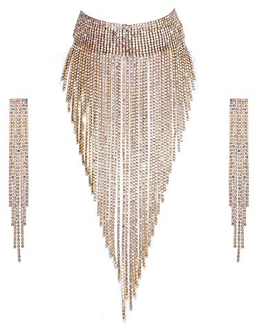 EVER FAITH Quaste Schmuckset Funkelnder Strass Kostüm Statement Schmuck klobiger Kragen Halskette, langes Kronleuchter Ohrring Set Klar AB Gold-Ton