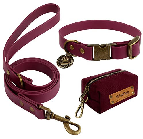 Wisedog Hundehalsband und Leine Set Combo: Einstellbare langlebige Haustier Halsbänder mit Hundeleinen für kleine mittlere große Hunde, enthält einen Bonus von Poop Bag Holder (M, Burgundisch)