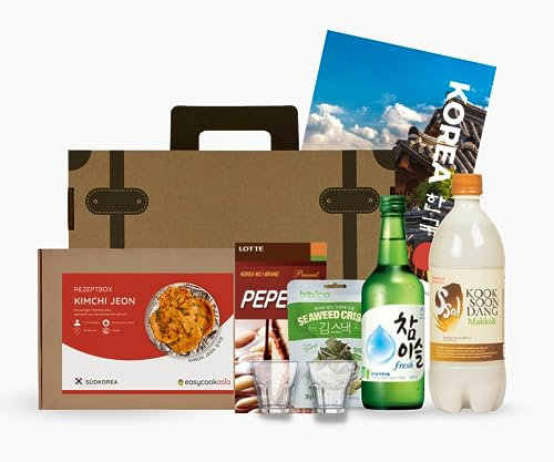 EasyCookAsia Koreanische Koch - und Getränkebox: Soju, Makgeolli, Kimchi Jeon und mehr | inkl. 2 Gläser & koreanische Süßigkeiten