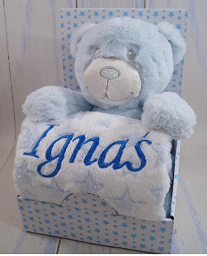 BotoBaby Personalisierte Babydecke mit Namen & Geburtsdatum Bestickt Plüschtier Kuscheldecke 75x100cm Geschenk zur Geburt, Taufe,Babyparty Baby Geschenkset Junge CE Zertifiziert (Blau - Teddybär 2)