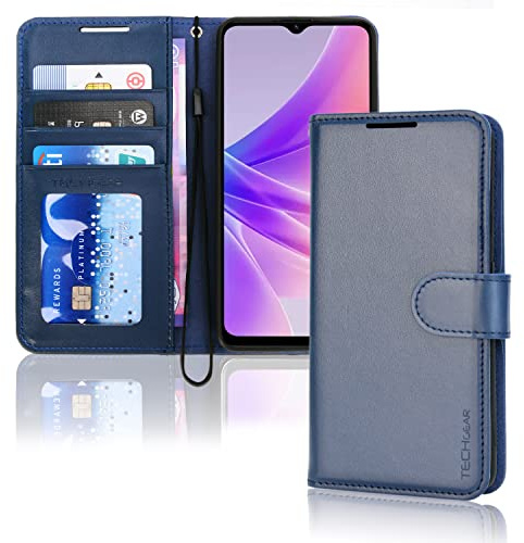 TECHGEAR Leather Wallet Case for Oppo A57e / A57s / A57 4G, Flip Protective Case Cover with Wallet Card Holder, Stand & Wrist Strap - Blue PU Leather with Magnetic Closure