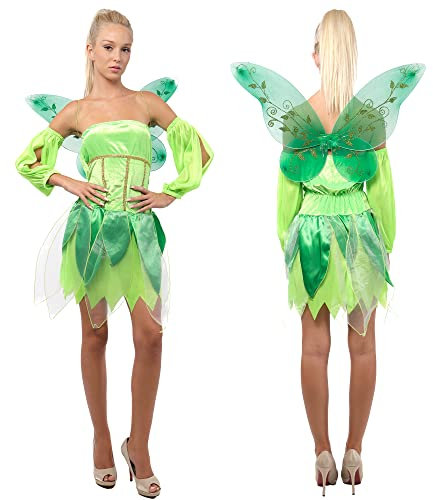 Disfraz Campanilla Mujer Adulto, Vestido Princesa Verde de Tul con Manguitos y Alas Verdes para Disfraz de Hadas Campanilla Carnaval (S)