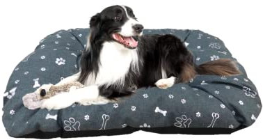 Dogs4Life stilvolles, wasserbeständiges Hundebett aus hochwertigem Codura PVC-Material - antiallergen, strapazierfähig und langlebig - leicht zu reinigen (L 120 x 90 cm, Grau mit Pfoten & Knochen)