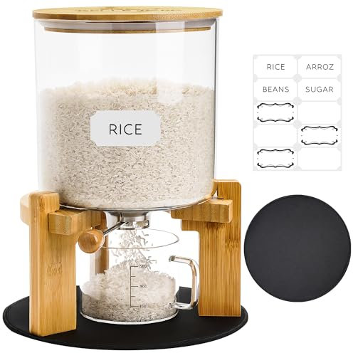 Belle Parc Distributeur de riz en verre de 4,5 kg, avec couvercle hermétique, étiquettes et tapis coulissant. Faites votre récipient à riz en verre et bambou ! Meilleur distributeur de céréales et