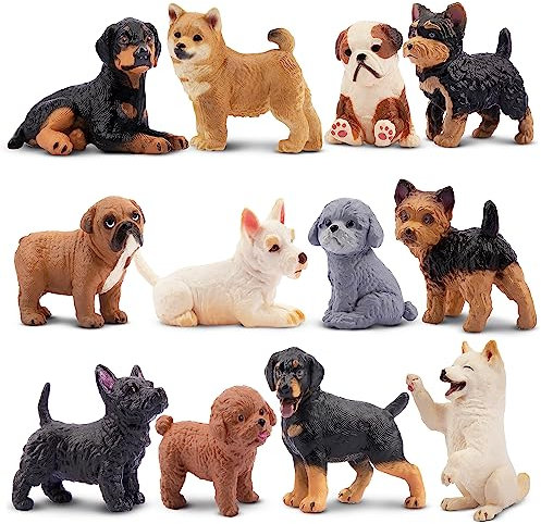 EYSCOTA 12PCS Dog Figurines, Realistic Plastic Puppy Figurines, Hand Painted Emulational Tiny Dogs Animals Toy, Dog Cake Topper Christmas Birthday Gift for Kids & Toddlers