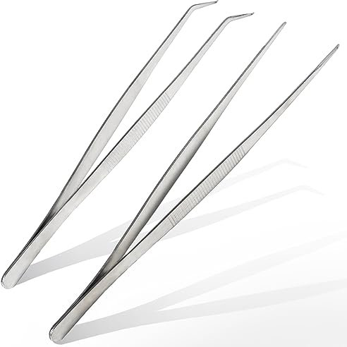 Pinzette piegate smussate, in acciaio inox da 25 cm, professionali, antiscivolo, lunghe e dritte, 2 pinzette angolate per animali acquatici, coralli, artigianato, cucina, riparazione