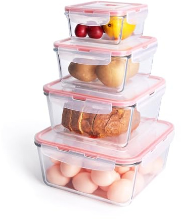 HUSANMP Lot de 4 Récipient Boîtes Alimentaire en Verre Extra large, Récipients de stockage en verre avec couvercles, Boîte de rangement hermétique sans BPA pour. (Carrée & Orange)