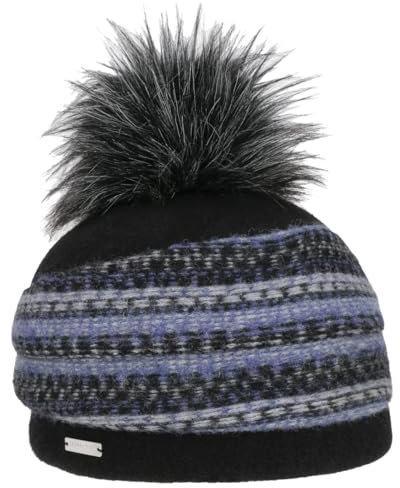 Seeberger Faux Fur Pom Walkmütze Wollmütze Bommelmütze Damenmütze Wintermütze Damen - Made in Germany Winter Herbst-Winter - One Size dunkelblau