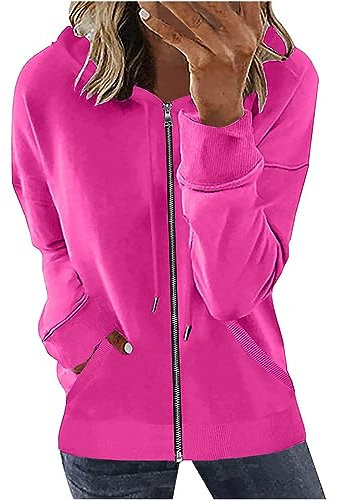 Sweat à capuche zippé à manches longues décontracté côtelé pour femme - Cardigan ample et confortable - Veste mi-saison d'automne avec poches, 1#Rose vif, S