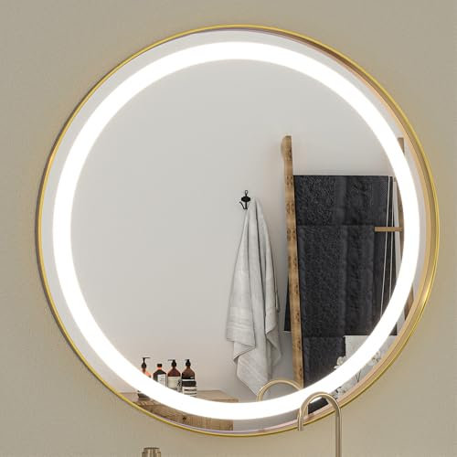 Hasipu 60 cm LED-Spiegel für Badezimmer mit Lichtern, goldfarbener Kreis, Kosmetikspiegel für die Wand, Metallrahmen, Frontbeleuchtung, beschlagfrei, dimmbar, 3 Farben, Make-up-Spiegel, Wandmontage
