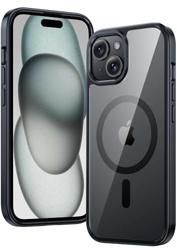 FNTCASE für iPhone 15 Clear Hülle: für iPhone 15 Cover Hybrid Magnetische mit Kameraschutz Anti Vergilbung Stoßfest Fallschutz Dauerhaft Militärschutz Handyhülle 6,1 Zoll Schwarz Klar