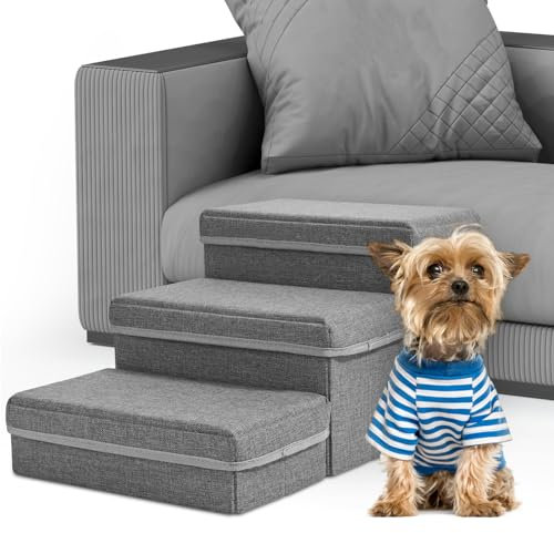 Escalier pour Chien, Sunowl Pliable Escalier Chien en 3 Marches, Extra Larges Rampe pour Chien avec Rangement, Surface Antidérapante, Aide l'animal à Monter Facilement, Escalier pour Chien et Chats