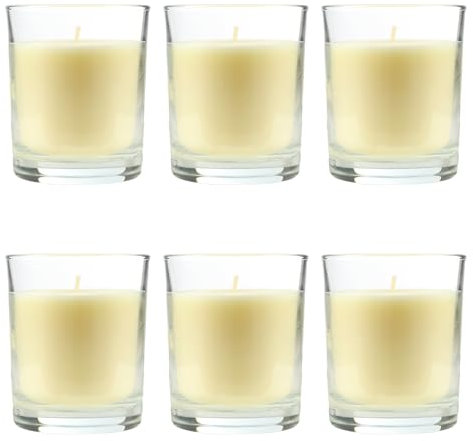Pack de 6 Velas Aromáticas en Vaso de Cristal Reciclable 125g - 28h de Duración,Cera Vegetal Perfumada, Fabricadas en España, 8.5x7cm (Vainilla)