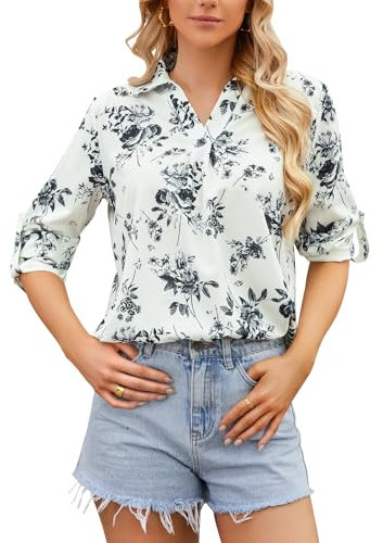 Justay Comf Chemisier Élégant pour Femme Blouses Décontractée à Col en V Tunique Tops d'affaires à Manches Longues Chemise Imprimée Blanche pour Femmes