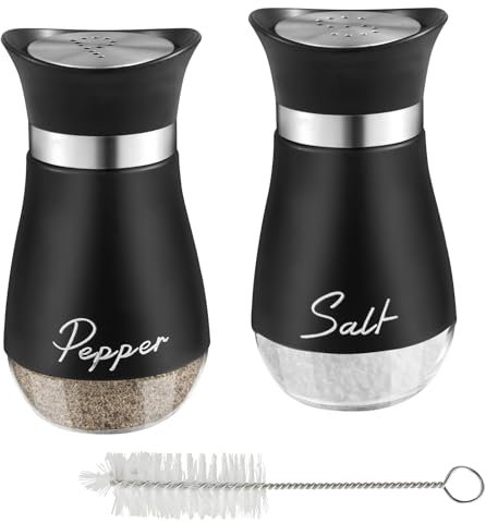 Lot de 2 salières et poivrières - Petite salière et poivrière - Avec couvercle - Bouteille en verre avec pinceau - Pour cuisine, barbecue, noir