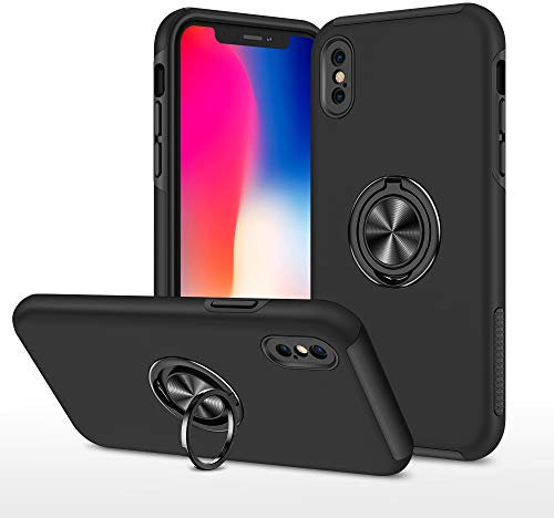 XYZNTMF for iPhone X Phone Case iPhone XS Built-in Ring Holder Shockproof Silicone Bumper Matte Hard PC Shell Magnetic Car Mount Full Protective Skin Cover for iPhone X/XS, Black