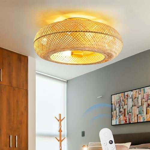 Rétro Bambou Ventilateur De Plafond Abat Jour Avec Éclairage Et Télécommande Fan Plafonnier 6-vitesses Pales Réversibles Minuterie Lustre E27 Salon Salle À Manger Chambre À Coucher Lumière Suspension