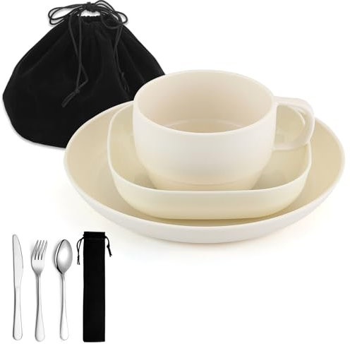 Camping utensils set, ReaNea Camping Plates And Bowls Set With Coffee Mug, Travel Cutlery Set Include Spoon, Fork, Knife for Home, Poolside, Outdoor, Picnic, Camp