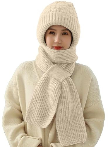 Joligiao Damen Verdickter Warmer Einteiliger Hutschal 2 in 1 Winterschal Mütze Integrierter Gehörschutz Winddichte Mütze Schal Winter Warm Mützenschal Strickmütze (Beige,Einheitsgröße)