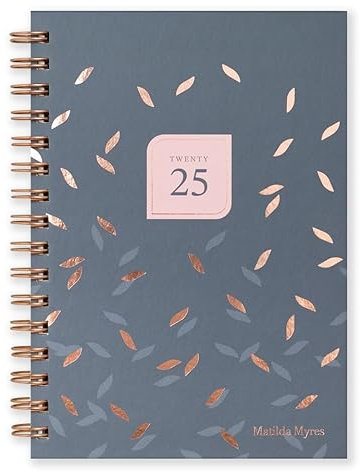Matilda Myres Terminplaner 2025, A5, Wochenplaner, roségoldener Spiralbindung, Januar bis Dezember, fester Einband, Grau