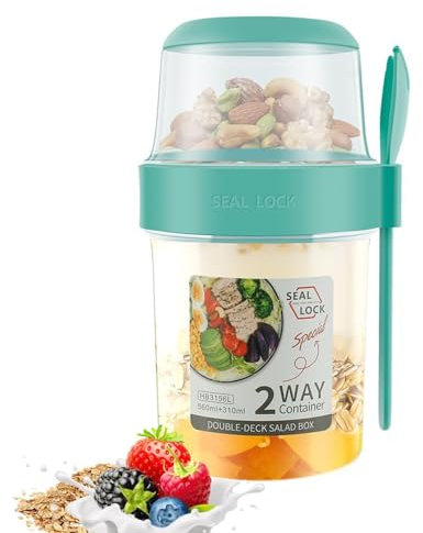 Bicchiere da muesli to Go 310 ml + 560 ml, per yogurt in viaggio con cucchiaio, tazza per cereali, cornflakes, doppio strato, per yogurt, insalata per lavoro, scuola, viaggi (verde)