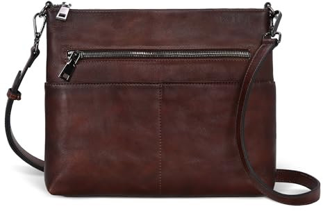 Iswee Leder-Umhängetasche für Damen, Vintage, Schultertasche, Geldbörse mit Taschen, Reißverschluss, Crossbody-Tasche für Reisen, Großer Kaffeebraun, Medium