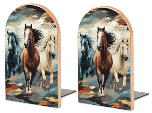 Serre-livres réglables en bois de hêtre et fer, motif chevaux, pour décoration moderne de maison et de bureau