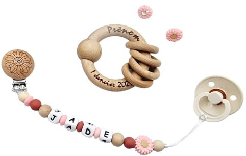 Attache tétine sucette personnalisée/prénom/bébé naissance cadeau, modèle Fleur gravée silicone et bois (Attache tétine)