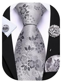 Barry.Wang Krawatte mit Blumenmotiv für Herren, Seidenkrawatte, Einstecktuch, Manschettenknöpfe, Set, formelle Hochzeit, Party, Business, Grau / silberfarben, Einheitsgröße