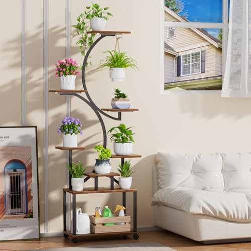 Udnzpfuy Plant Stand Indoor with Grow Light, 3 Grow Light, 8-TieredTall Plant Stands for Indoor Plants Multiple, Flower Stand for Indoor Plants, Living Room, Garden, Patio Brown